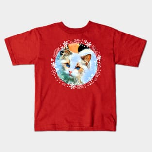 Blue-Eyed Cat in Round White Flower Wreath Kids T-Shirt